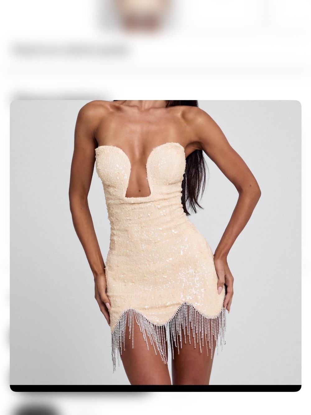 White Fox Boutique Strapless Sequin Fringe Mini Dress in Cream